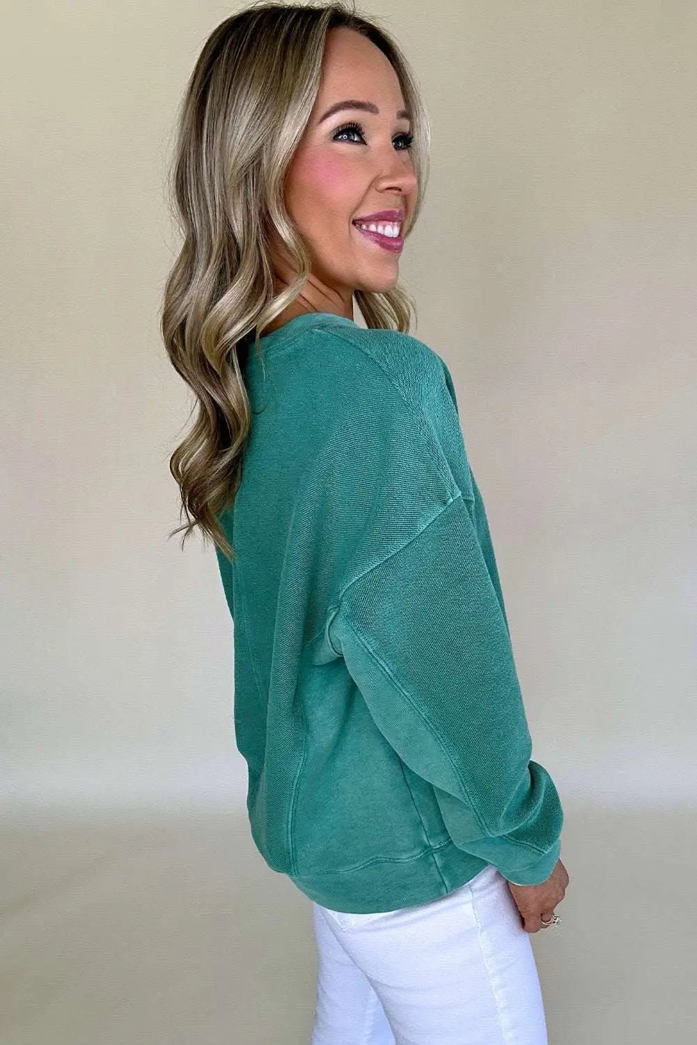 Skobeloff Solid Color Notched Neck Drop Shoulder Sweatshirt - Love Salve